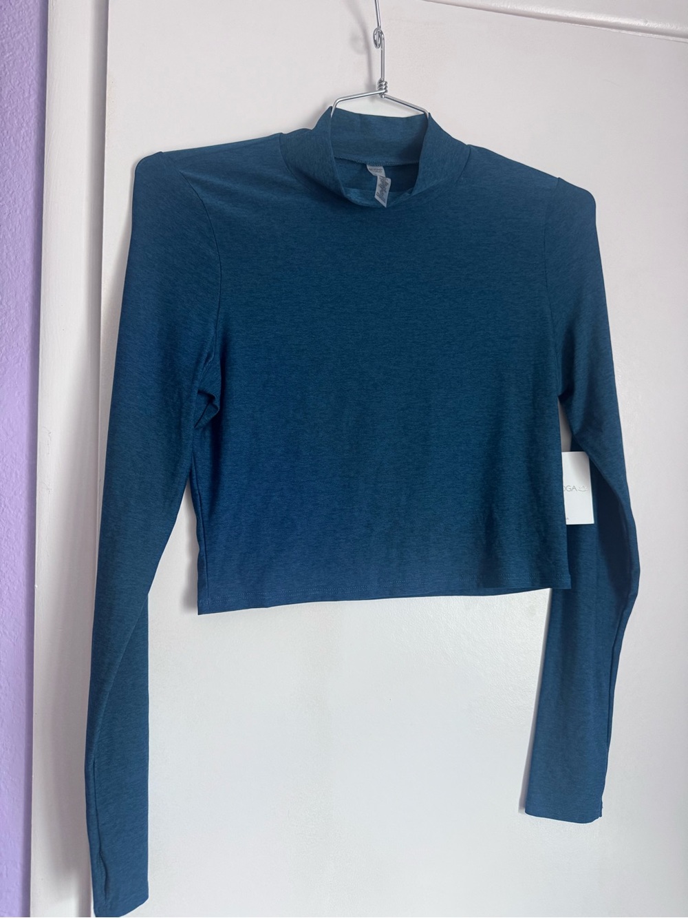 Beyond Yoga Blue Heather Mock Neck Cropped Long Sleeve Top Size L NWT
